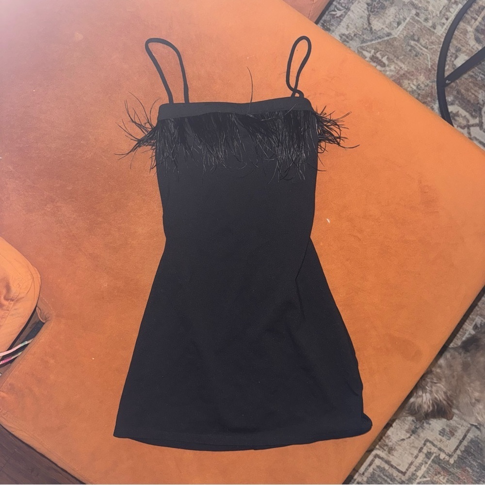 Chic black mini dress with feather trim detail | small | NWOT - Picture 3 of 3